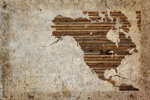 Grunge vintage wooden plank North America map background.