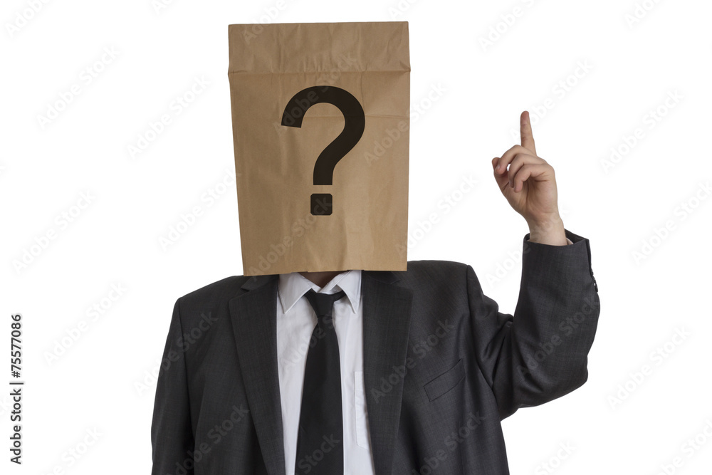 Man with Paper Bag with question mark on his head pointing upwar Man with Paper Bag with question mark on his head pointing upwar