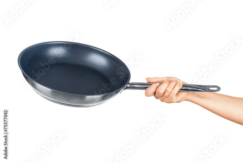 hand holding a frying pan on an isolated white background