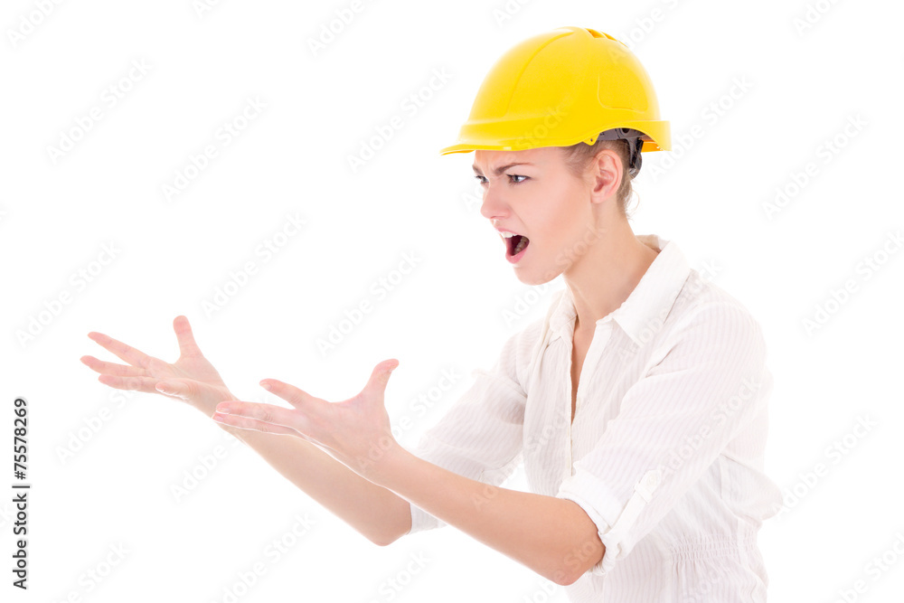 angry business woman architect in yellow builder helmet shouting angry business woman architect in yellow builder helmet shouting