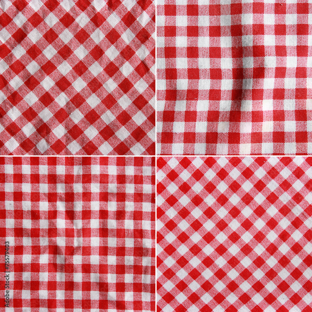 Four texture of a red and white checkered picnic blanket.