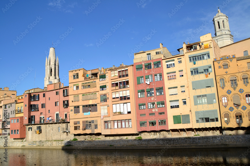 View of the city of Girona from the bridge over the Onyar river