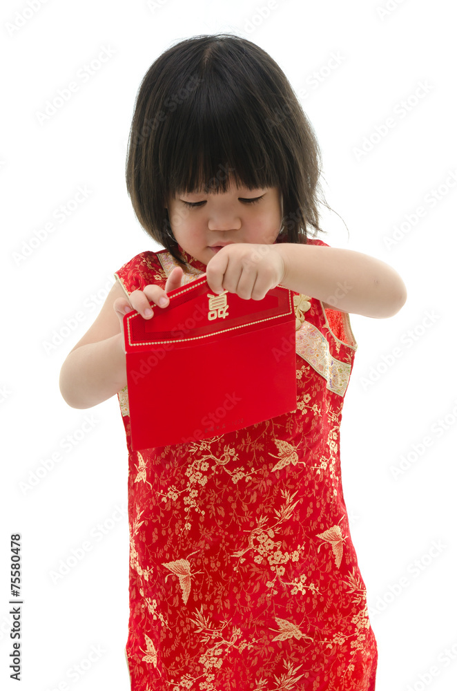 Asian baby holding ang pow or red packet monetary gift Asian baby holding ang pow or red packet monetary gift