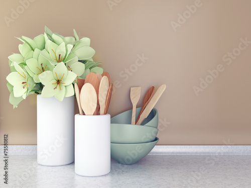 Wooden utensils and flowers.