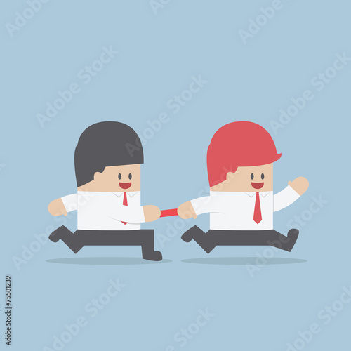 Businessman passing baton to the other in relay race
