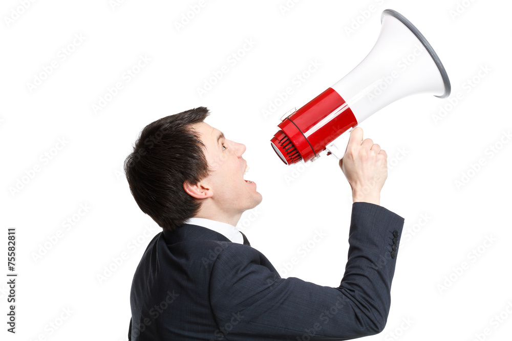 businessman isolated on white shouts in loudspeaker businessman isolated on white shouts in loudspeaker