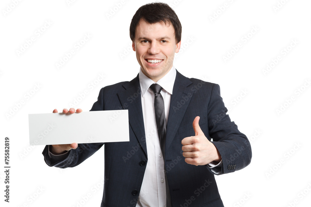 businessman isolated on white with ad board shows thumb up businessman isolated on white with ad board shows thumb up