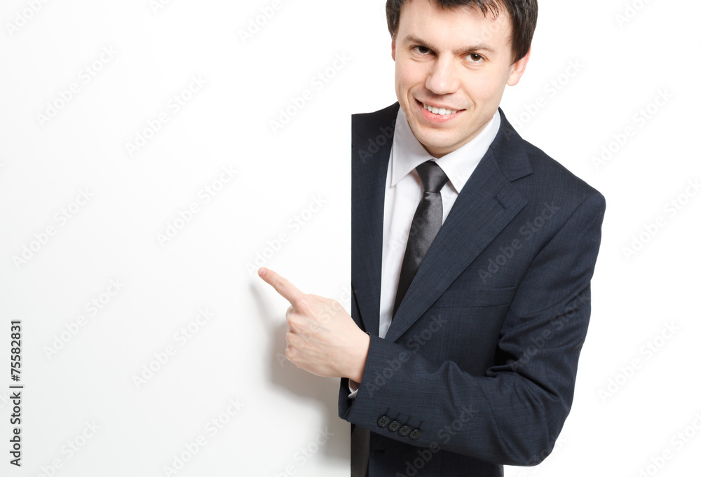 businessman isolated on white with ad board businessman isolated on white with ad board