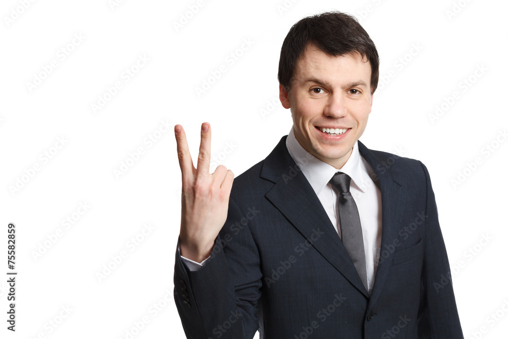 businessman isolated on white shows two fingers businessman isolated on white shows two fingers