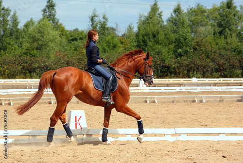 Young woman trotting her horse on dressage event