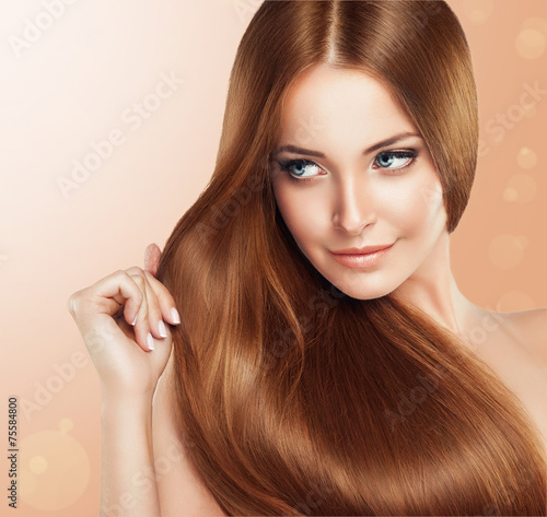 Beautiful girl with brown hair .Long straight hair Shine #75584800