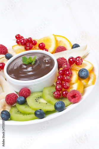 chocolate sauce  fresh fruit and berries  vertical