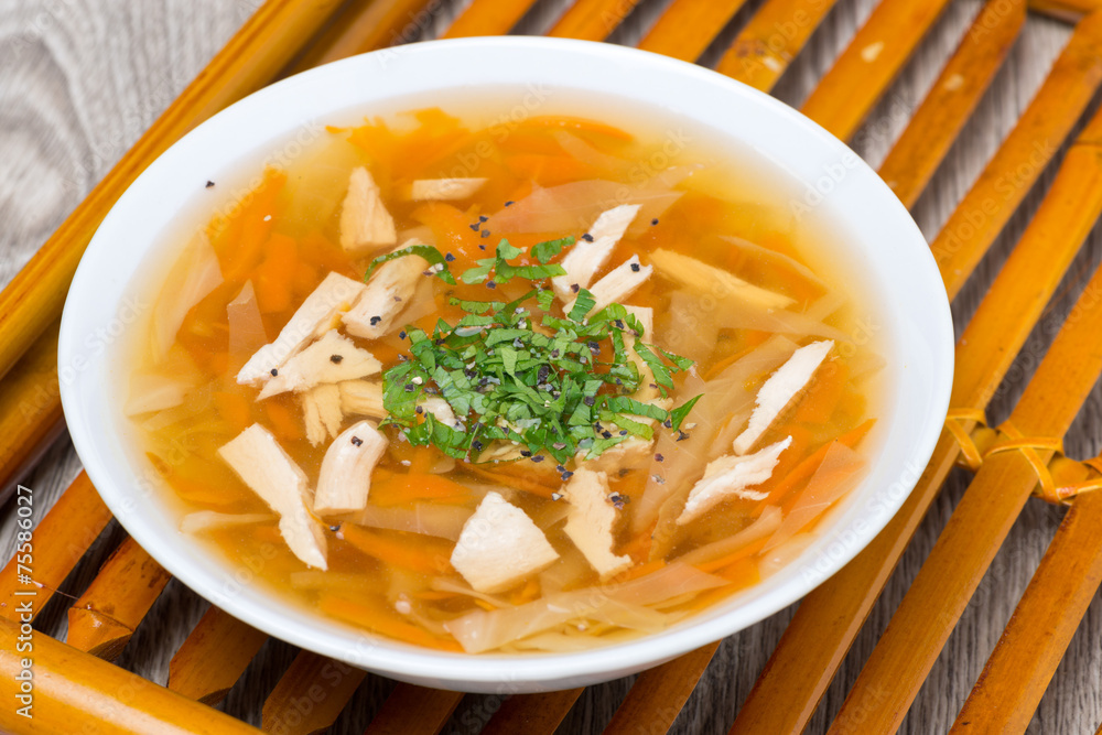 vegetable soup with chicken and greens, top view vegetable soup with chicken and greens, top view