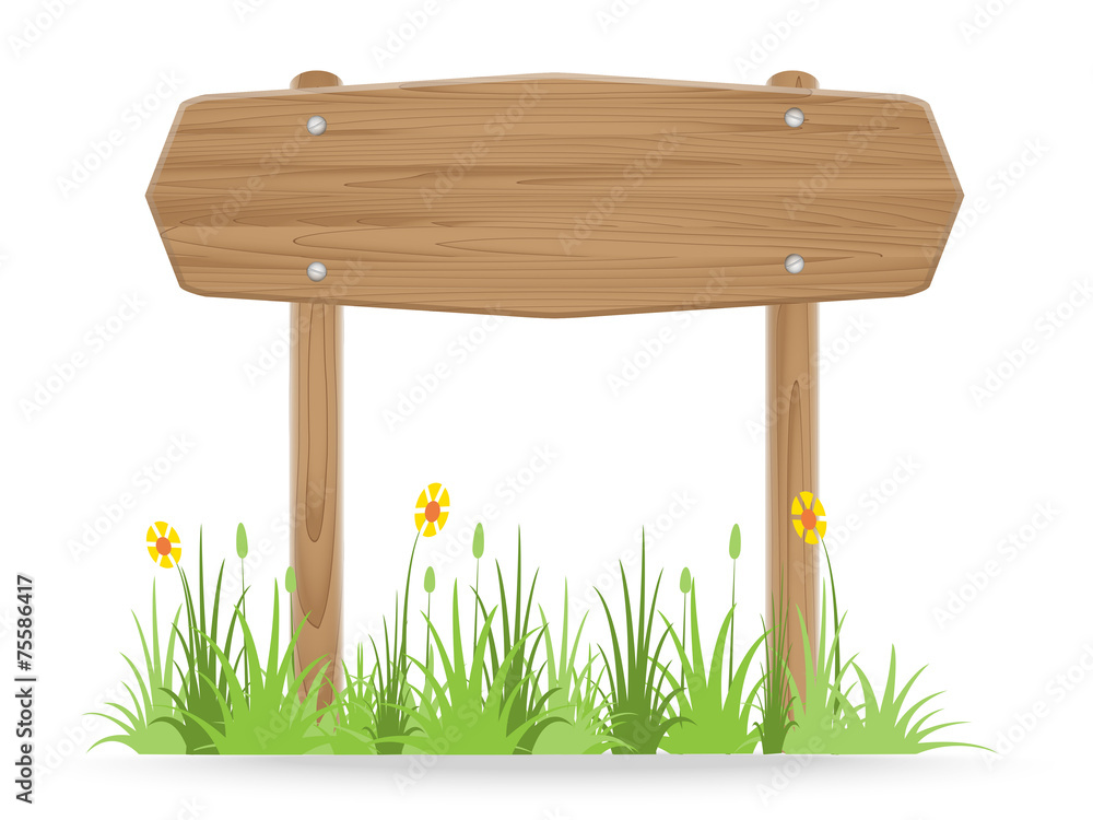 Wooden signpost on grass isolated on white background Wooden signpost on grass isolated on white background