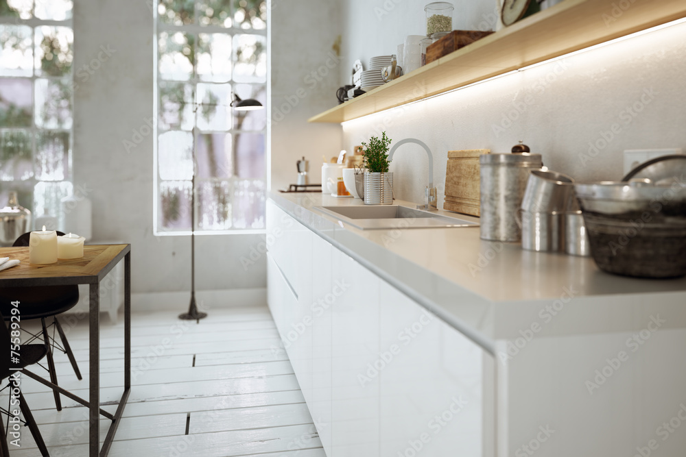 Moderne Küche in Altbau - modern kitchen in old Loft apartment  Stock-Illustration | Adobe Stock