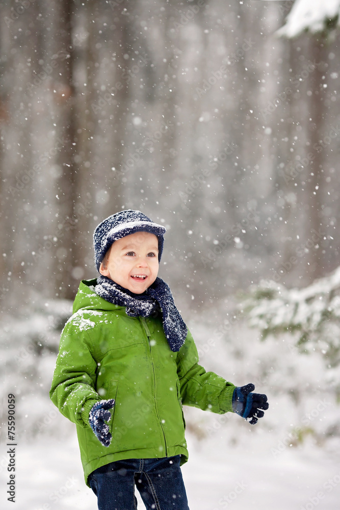Adorable little boy, blowing snowflakes outside in a snowy day Adorable little boy, blowing snowflakes outside in a snowy day