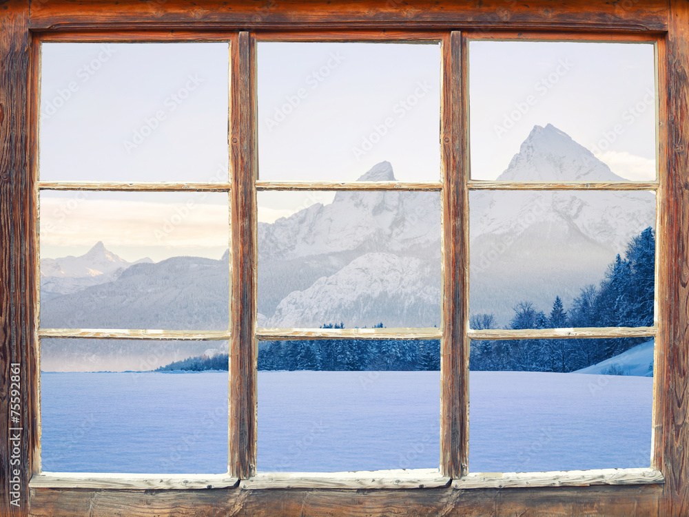 Fototapeta Widok z zamkniętego okna zimą na góry i las