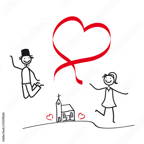 Glückliches Brautpaar - Paar mit Herz - Luftsprung vor Freude am Tag der kirchlichen Trauung, Heirat, Hochzeit, bride to be, jga, junggesellenabschied