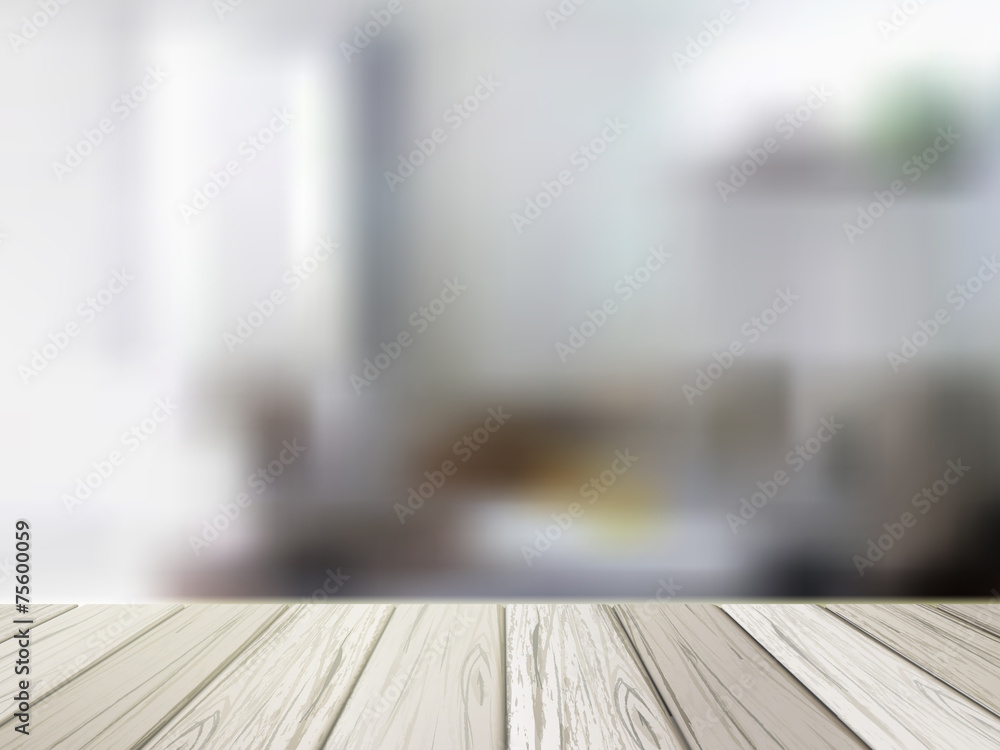 wooden table over blurred kitchen scene