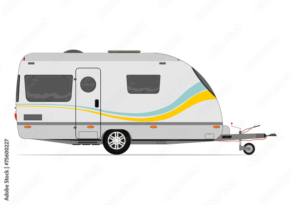 Caravan. Modern camper trailer. Towed trailer without car. Flat vector.	