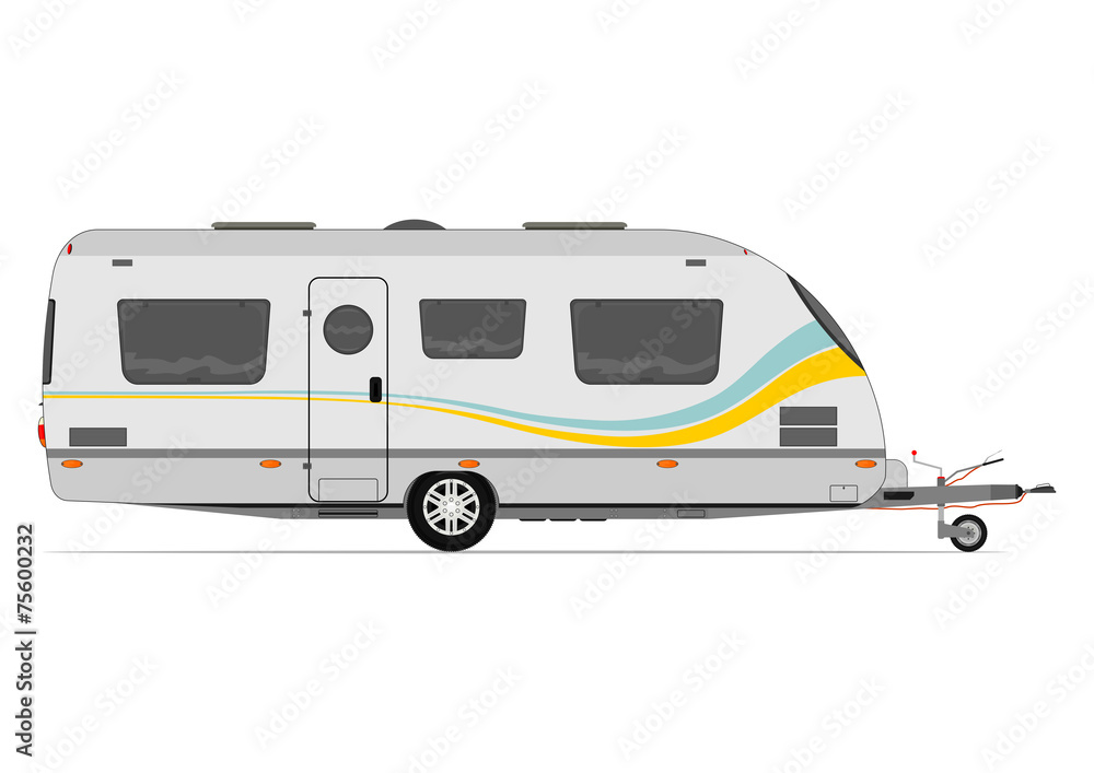 Caravan. Modern camper trailer. Towed trailer without car. Flat vector.