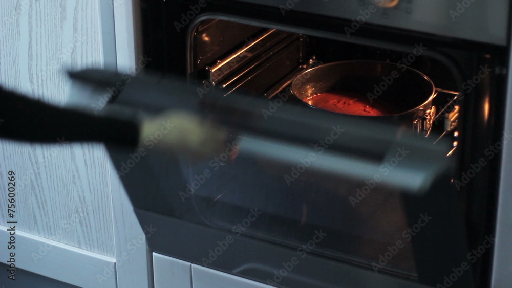 woman puts the cake in the oven woman puts the cake in the oven