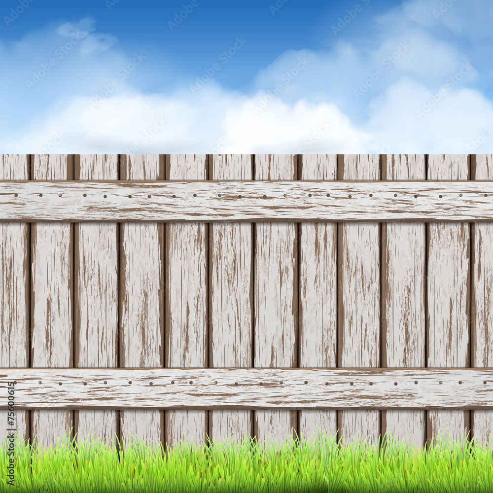 wooden fence with green grass and blue sky