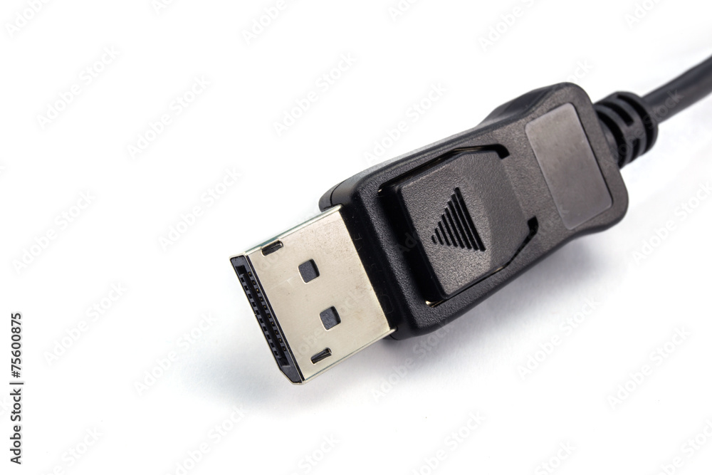closeup of display port cable on a white background closeup of display port cable on a white background