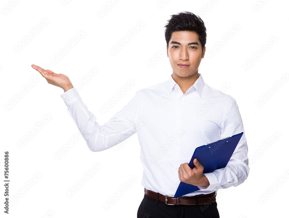 Businessman with clipboard and open hand palm Businessman with clipboard and open hand palm