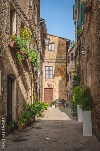 Fototapeta Naklejka Na Ścianę i Meble -  Street in old mediaeval town in Tuscany, Pienza.