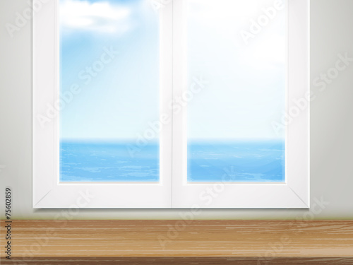 wooden table and window place with blurred ocean