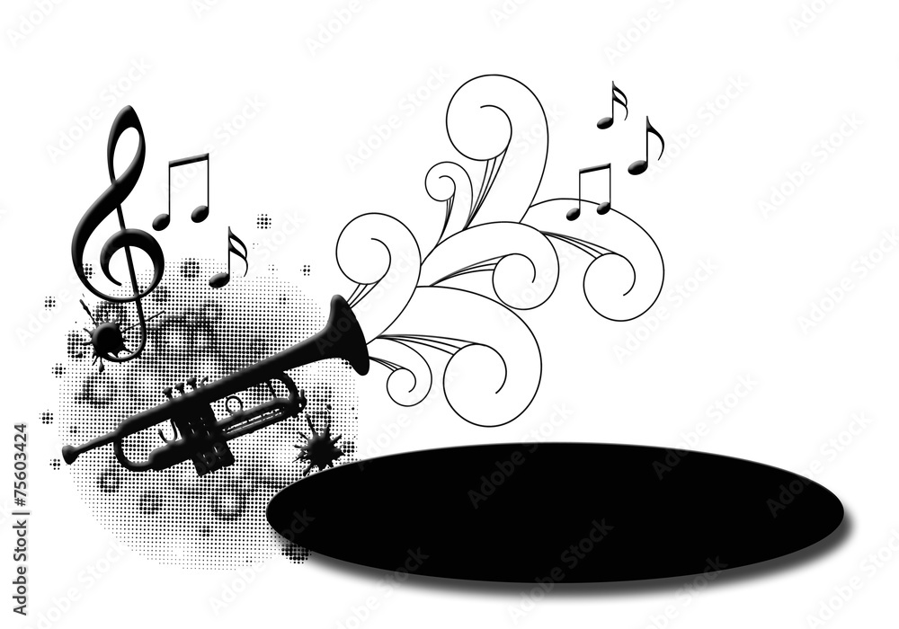 Música, trompeta, fondo blanco, notas musicales Stock Illustration