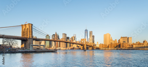 Brooklyn Bridge with Freedom Tower in Morning Light.