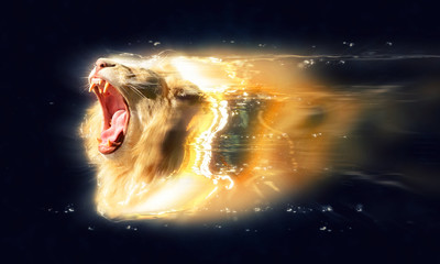 White lion with open jaws, abstract animal concept