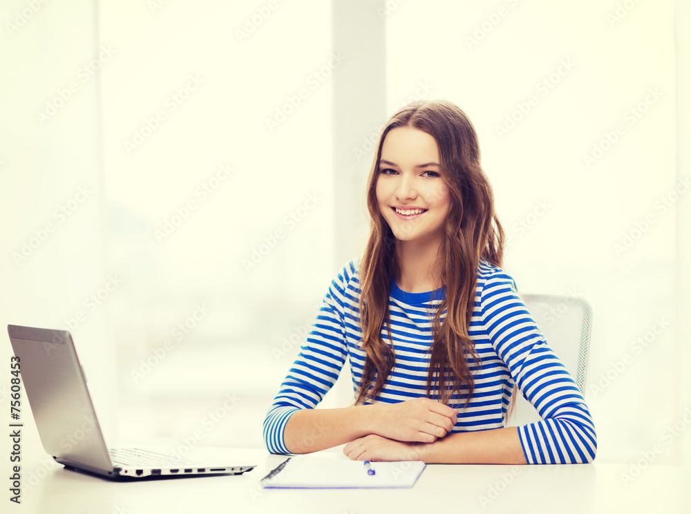 smiling teenage girl laptop computer and notebook smiling teenage girl laptop computer and notebook