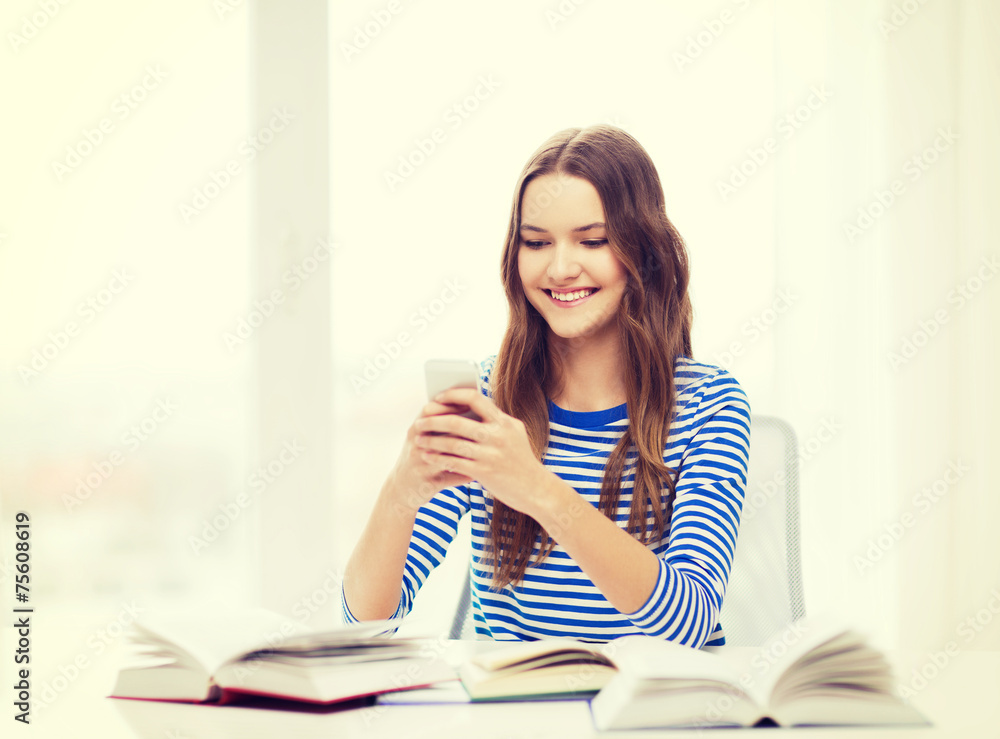 smiling student girl with smartphone and books smiling student girl with smartphone and books