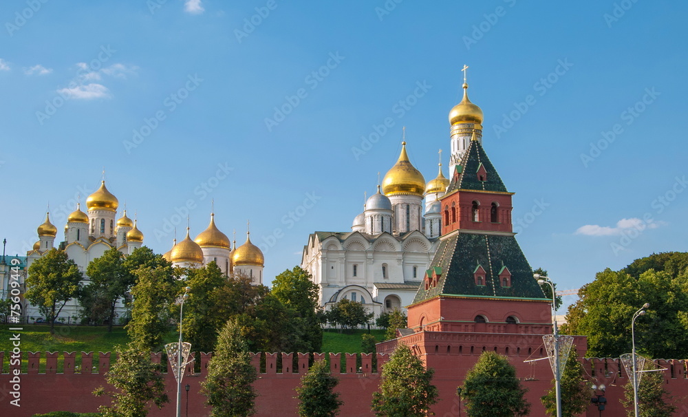 View of Kremlin cathedrals, wall and tower of Moscow Kremlin