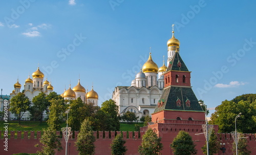 View of Kremlin cathedrals, wall and tower of Moscow Kremlin