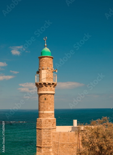 The minaret of ancient mosque Al Bahr in Jaffa in Tel Aviv