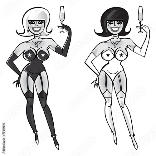 Party girls - blonde and brunette - with glasses of champagne