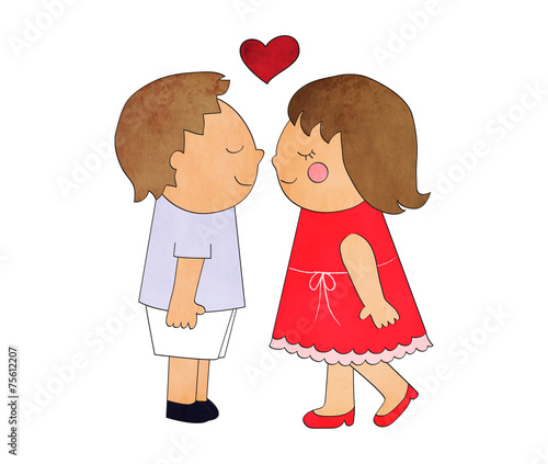 A cute vintage image of a boy and a girl kissing