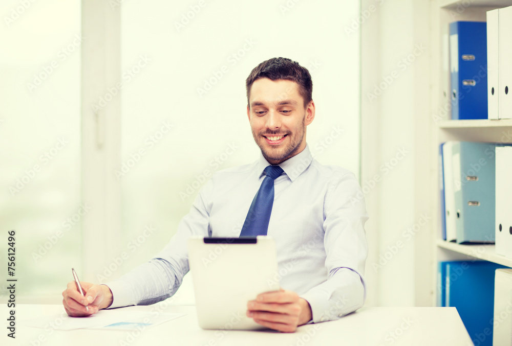 smiling businessman with tablet pc and documents smiling businessman with tablet pc and documents