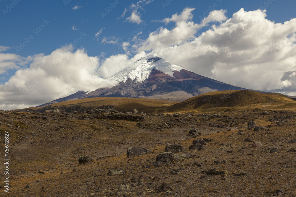 Fototapeta premium Cotopaxi volcano and stony hills