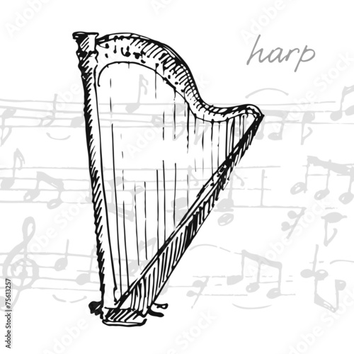 Vector illustration of a harp. Sketch.