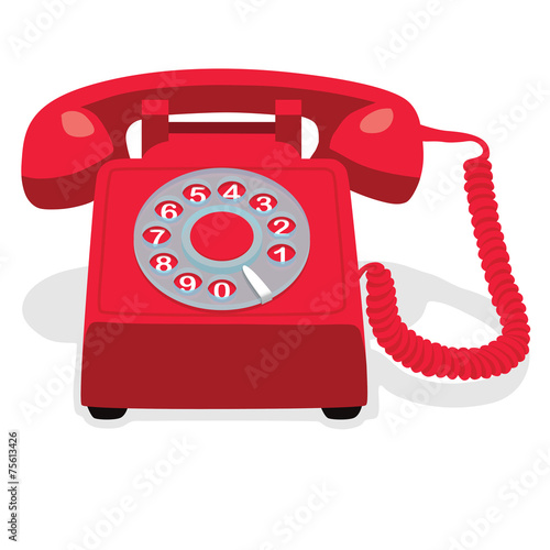 Red stationary phone with rotary dial