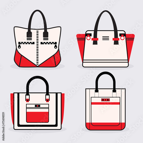 Fashionable women red, black and white purse icons set