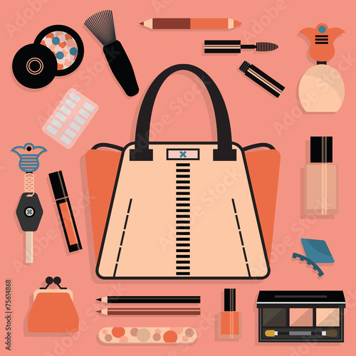 Fashionable women purse and cosmetic set in pink and coral