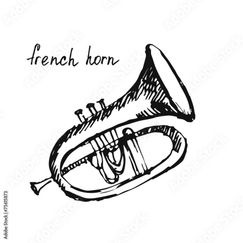 Vector illustration of a french horn. Sketch.