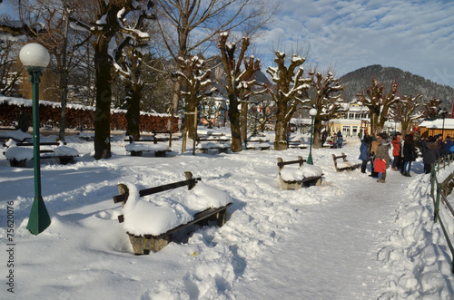 Photography bench snow in the winter, austria lakes