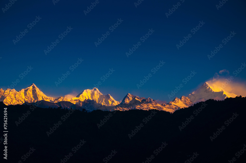 The majestic of Kanchenjunga mountain range of the himalayas with sunrise sky in Sikkim at India